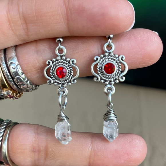 Genuine herkimer diamonds crystal quartz red cz ruby garnet dangly earrings . - Picture 8 of 11